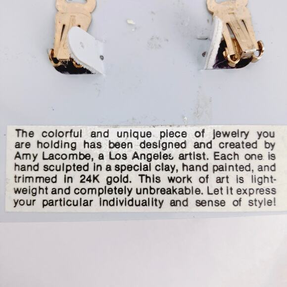 Vintage Amy Lacombe Clip-On Earrings 80s Purple Red Clay 24K Trim Statement - Picture 4 of 7